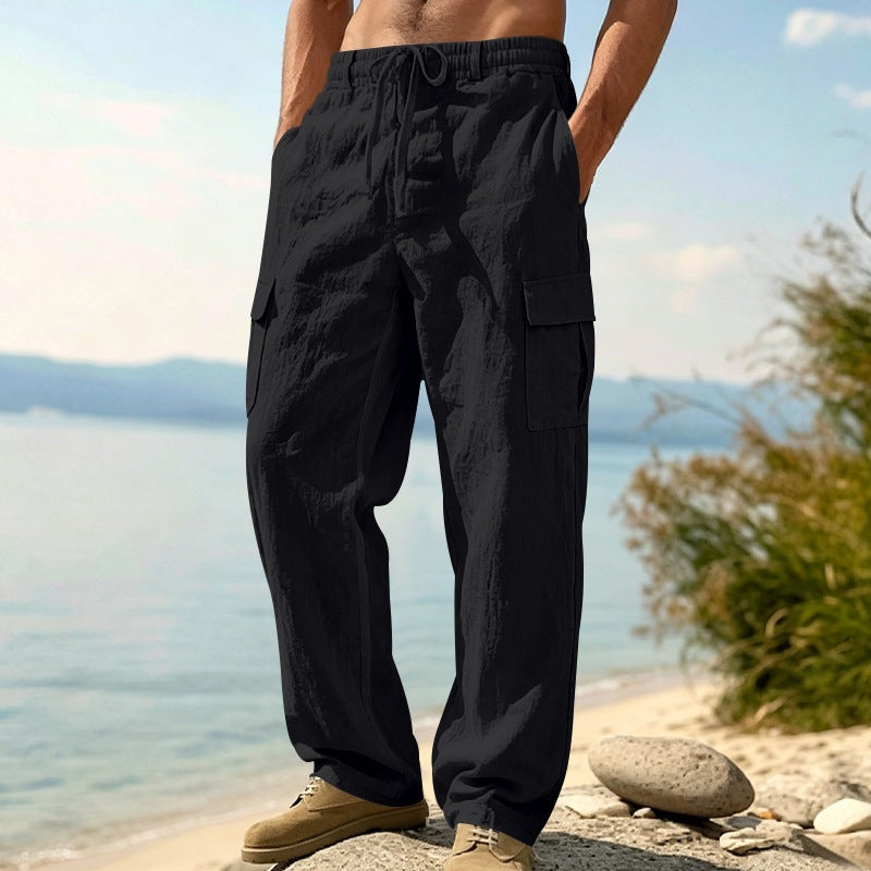 Herren nan entspannt geschnittene Strand-Cargohose aus Leinenblend mit elastischem Tunnelzug und zweifacher Klapptasche R&B