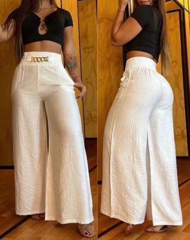 Damen Hochtaillierte Palazzo-Hose mit elastischem Bund und Gürtel R&B