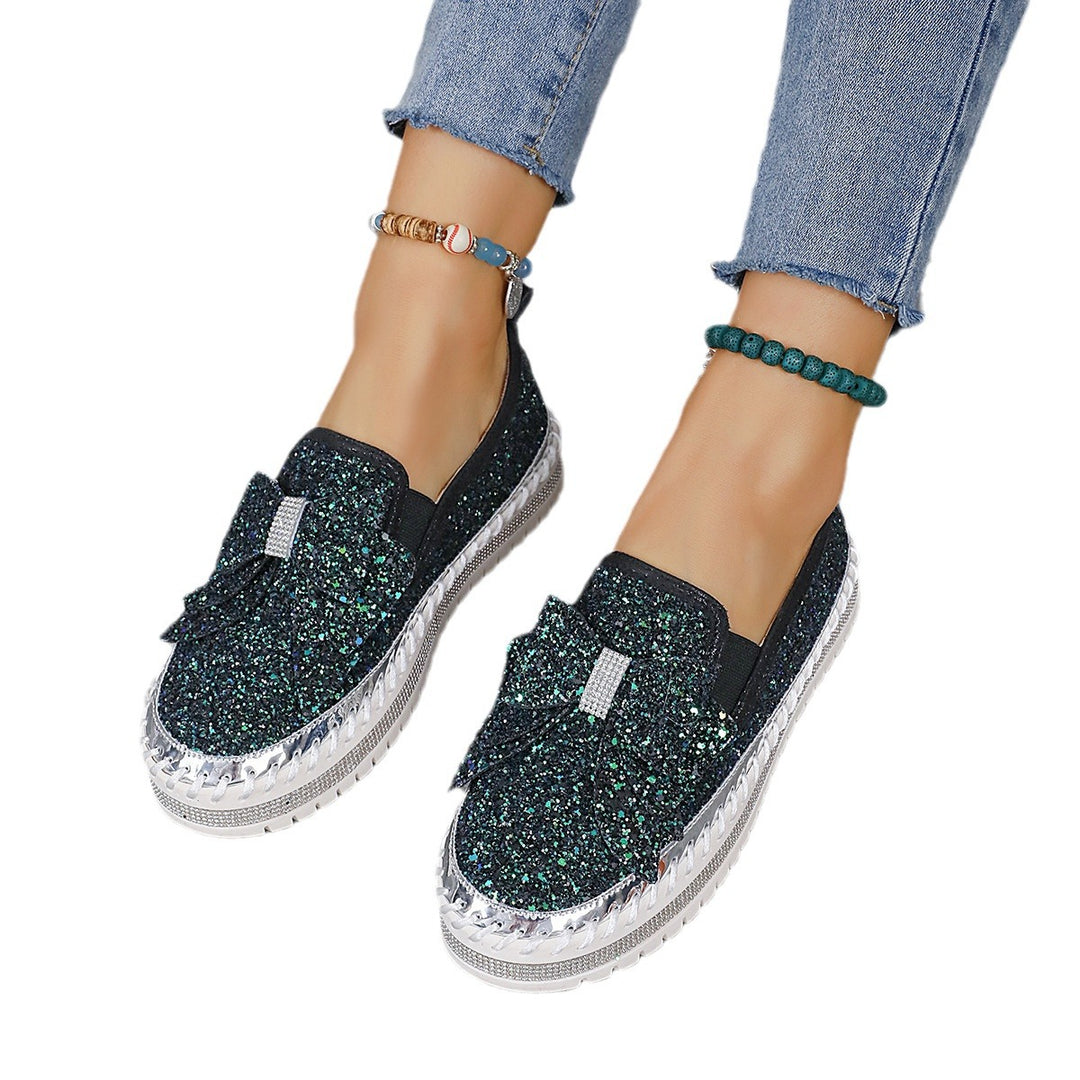 Damen modische Slip-On Sneakers mit glitzerndem Design und auffälliger Schleifenapplikation R&B