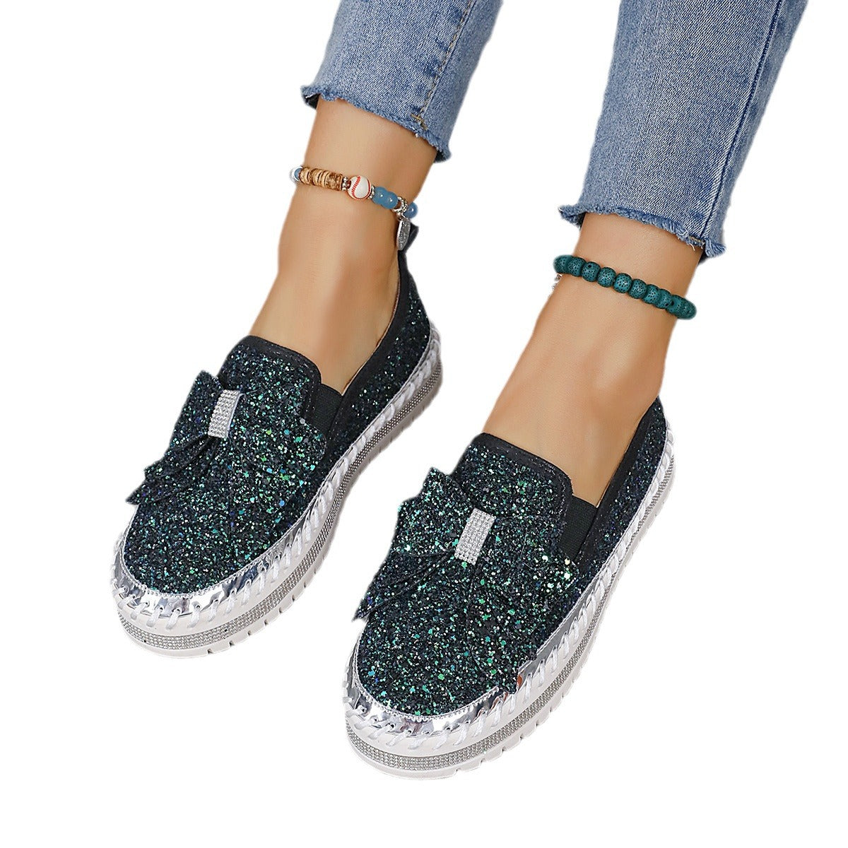Damen modische Slip-On Sneakers mit glitzerndem Design und auffälliger Schleifenapplikation R&B