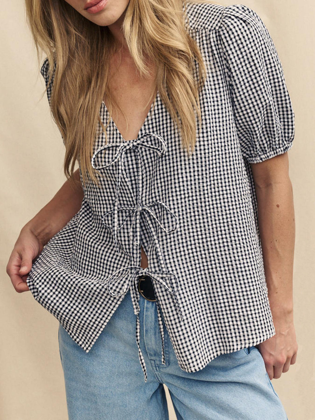 Damen Bluse mit Knoten-Detail und Puffärmeln R&B