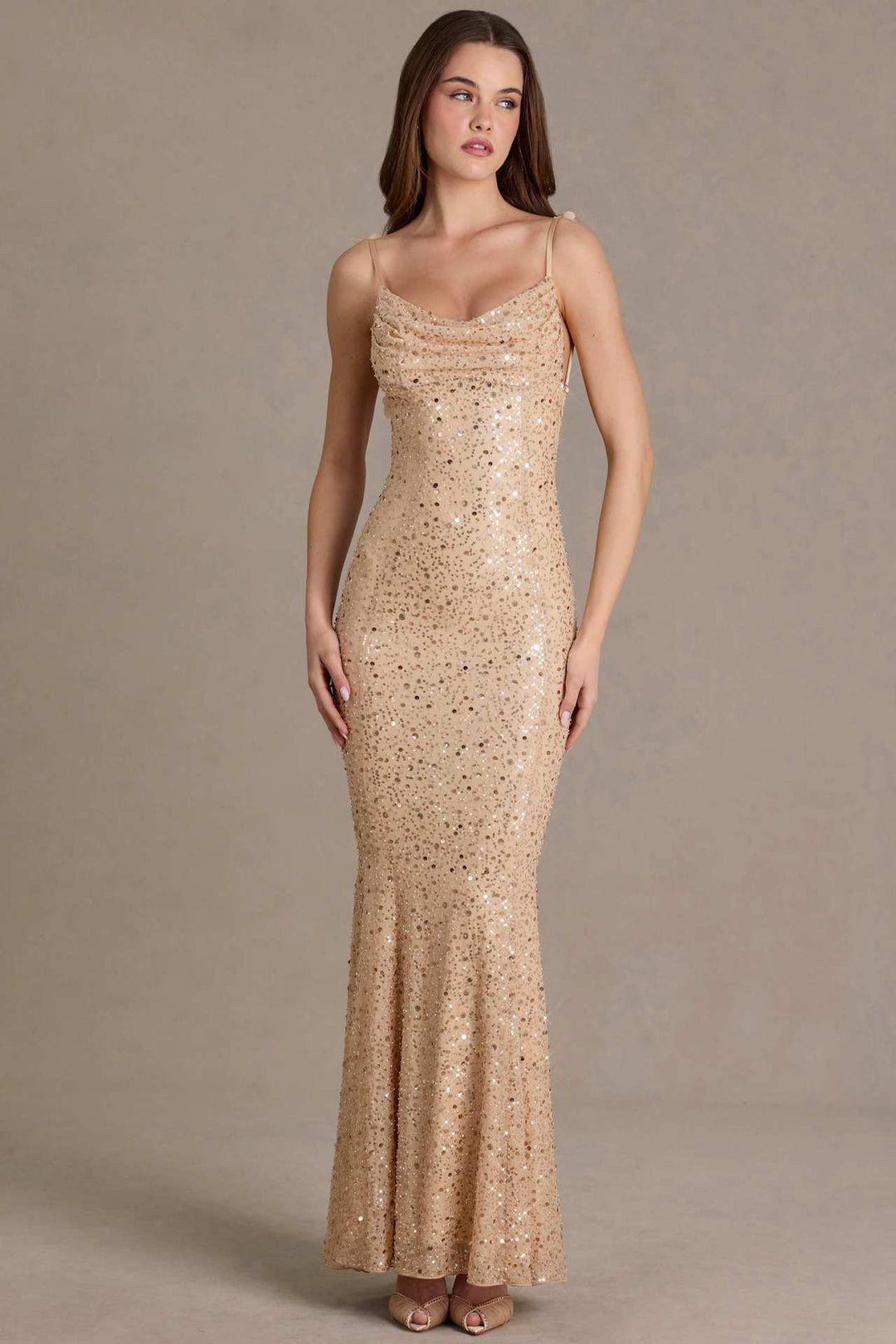 Damen elegantes Pailletten-Maxi-Kleid mit schickem Wasserfallausschnitt und figurbetonter Silhouette R&B