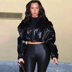 Damen Modische cropped Kunstlederjacke R&B