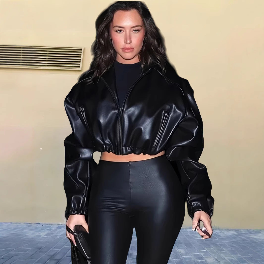 Damen Modische cropped Kunstlederjacke R&B