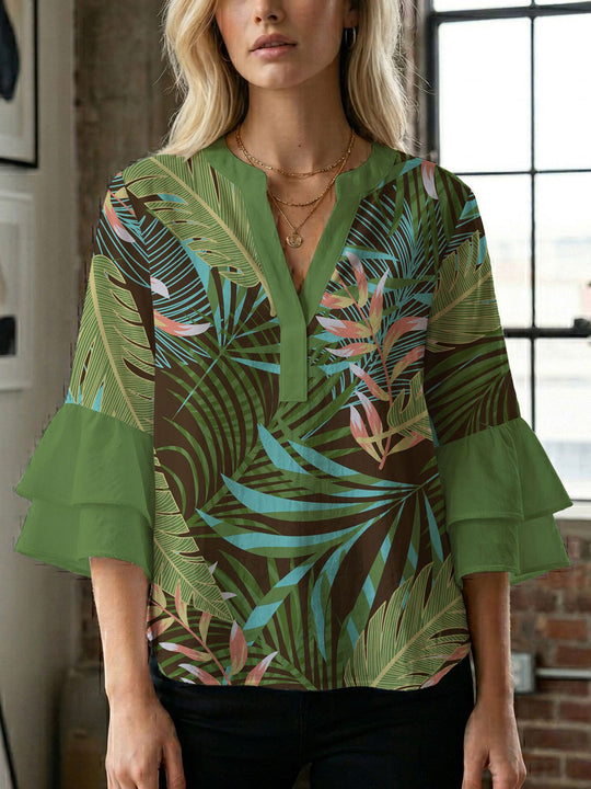 Damen Bluse mit voluminösen Flügelärmel und intensivem Blattmuster R&B