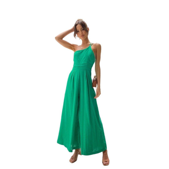 Damen Jumpsuit im modischen Wickeldesign mit weitem Bein und schulterfreiem Schnitt R&B