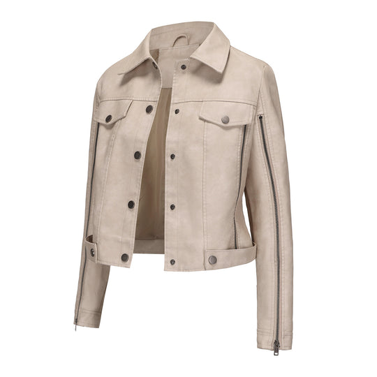 Damen modische Shortjacke aus Kunstleder mit Reißverschlussdetails R&B