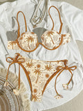 Damen Triangel-Bikini mit dekorativen Palmendruck und verstellbaren BindR&Bändern R&B
