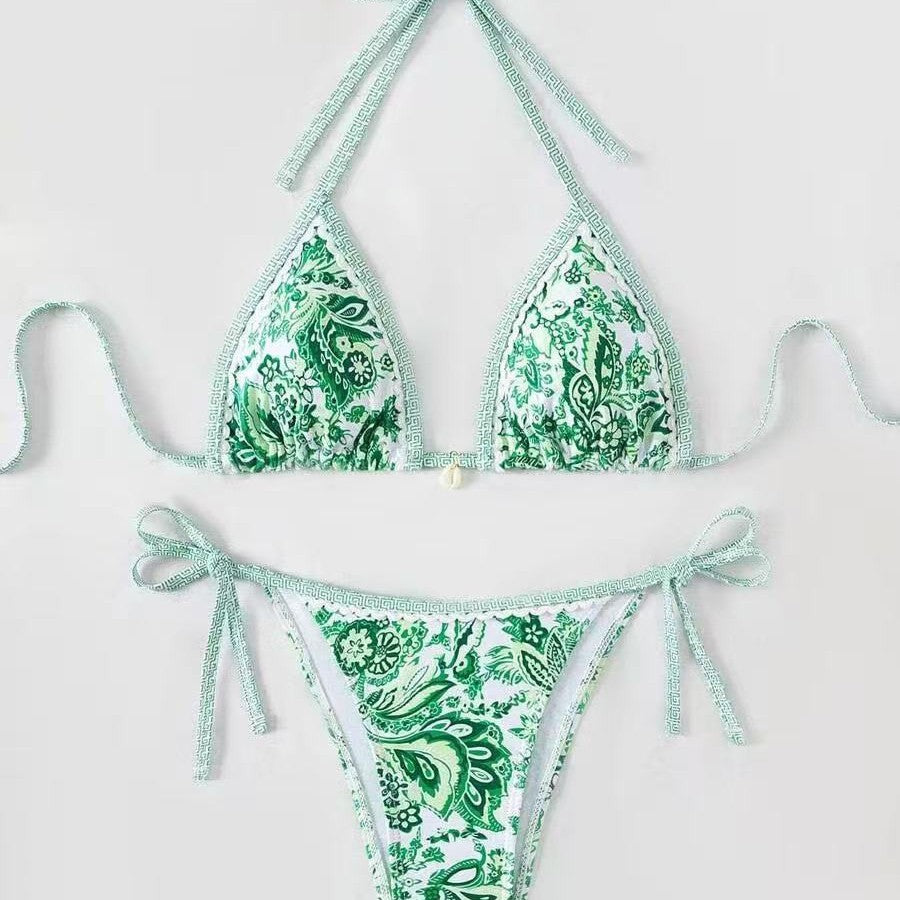 Damen Triangel-Bikini mit floralem Muster und verstellbaren Bindebändern R&B
