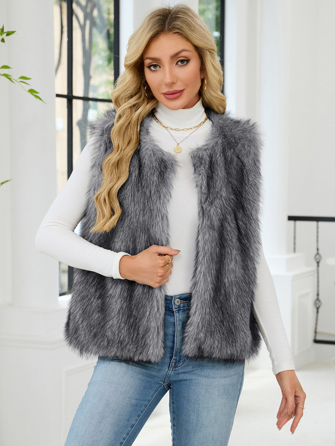 Damen Flauschige Kunstpelzweste mit voluminösem Kragen R&B