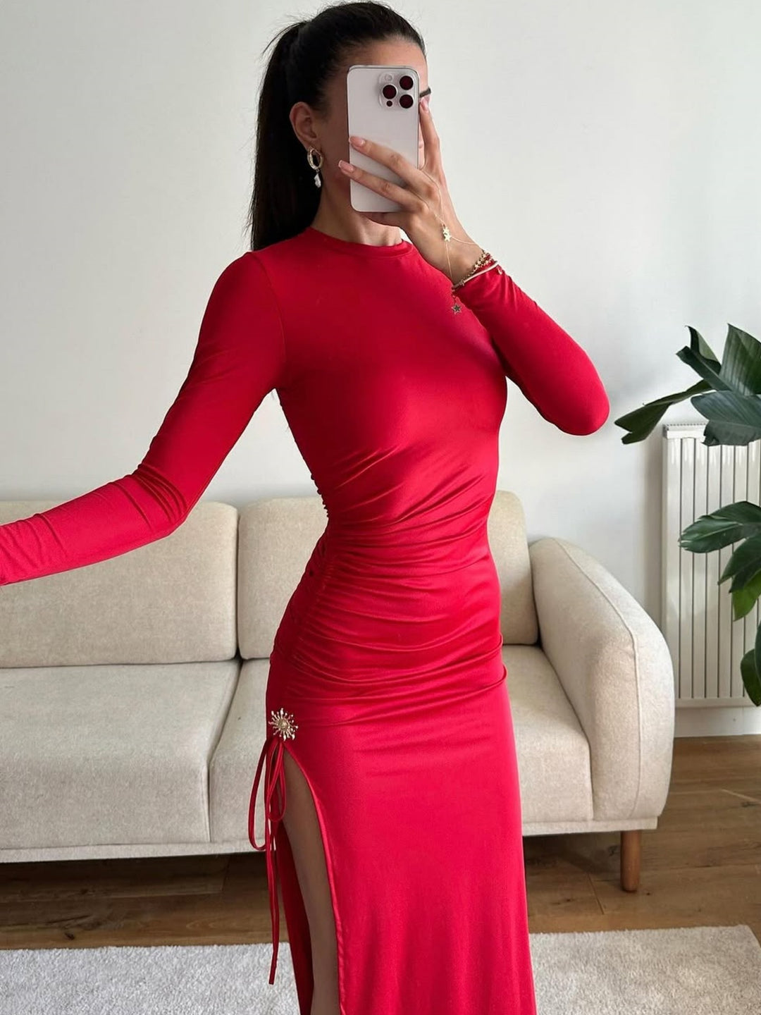 Damen elegantes, figurbetontes Kleid mit Raffungen und hohem Schlitz R&B