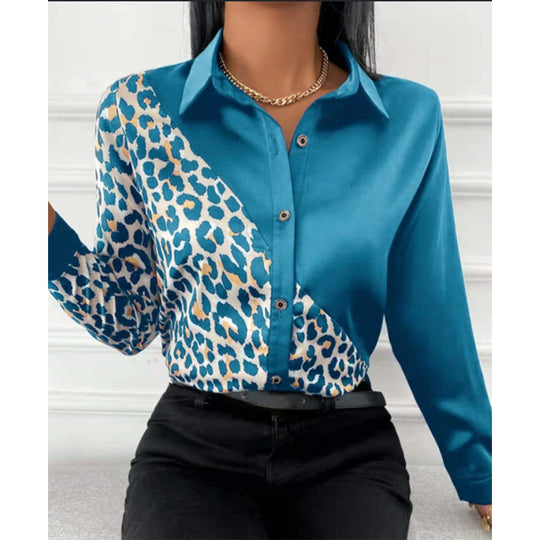 Damen Satinbluse mit asymmetrischem Leo-Design und glamouröser Knopfleiste R&B