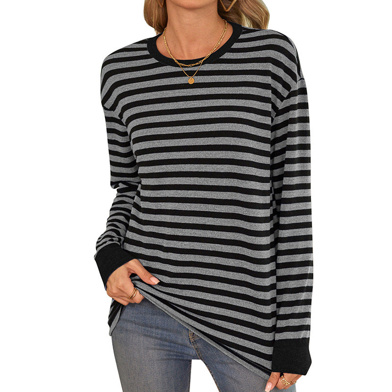Damen bequemes Langarmshirt mit gestreiftem Design und Rundhalsausschnitt R&B