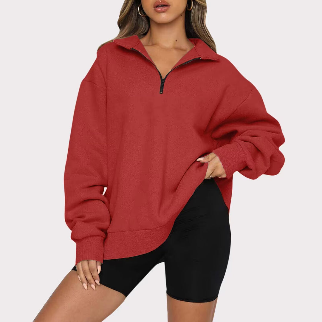 Damen Oversized Pullover mit kurzem Reißverschluss und lässigem Schnitt R&B