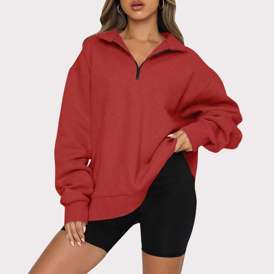 Damen Oversized Pullover mit kurzem Reißverschluss und lässigem Schnitt R&B