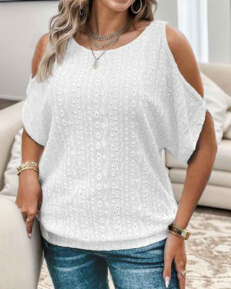 Damen modisches Oberteil mit offenem Schulterdesign und strukturiertem Lochmuster R&B