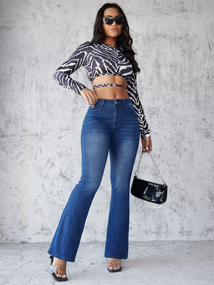 Damen Flared Jeans im modernen Design mit hohem Bund und ausgefallenem Waschung R&B