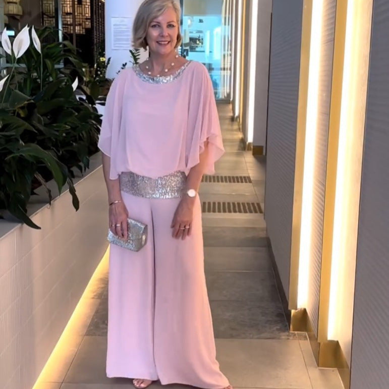 Damen eleganter Jumpsuit mit fließendem Stoff und schickem Taillengürtel R&B