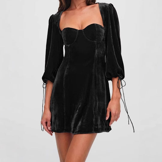 Damen Kurzes Samtkleid mit Puffärmeln und quadratischem Ausschnitt R&B