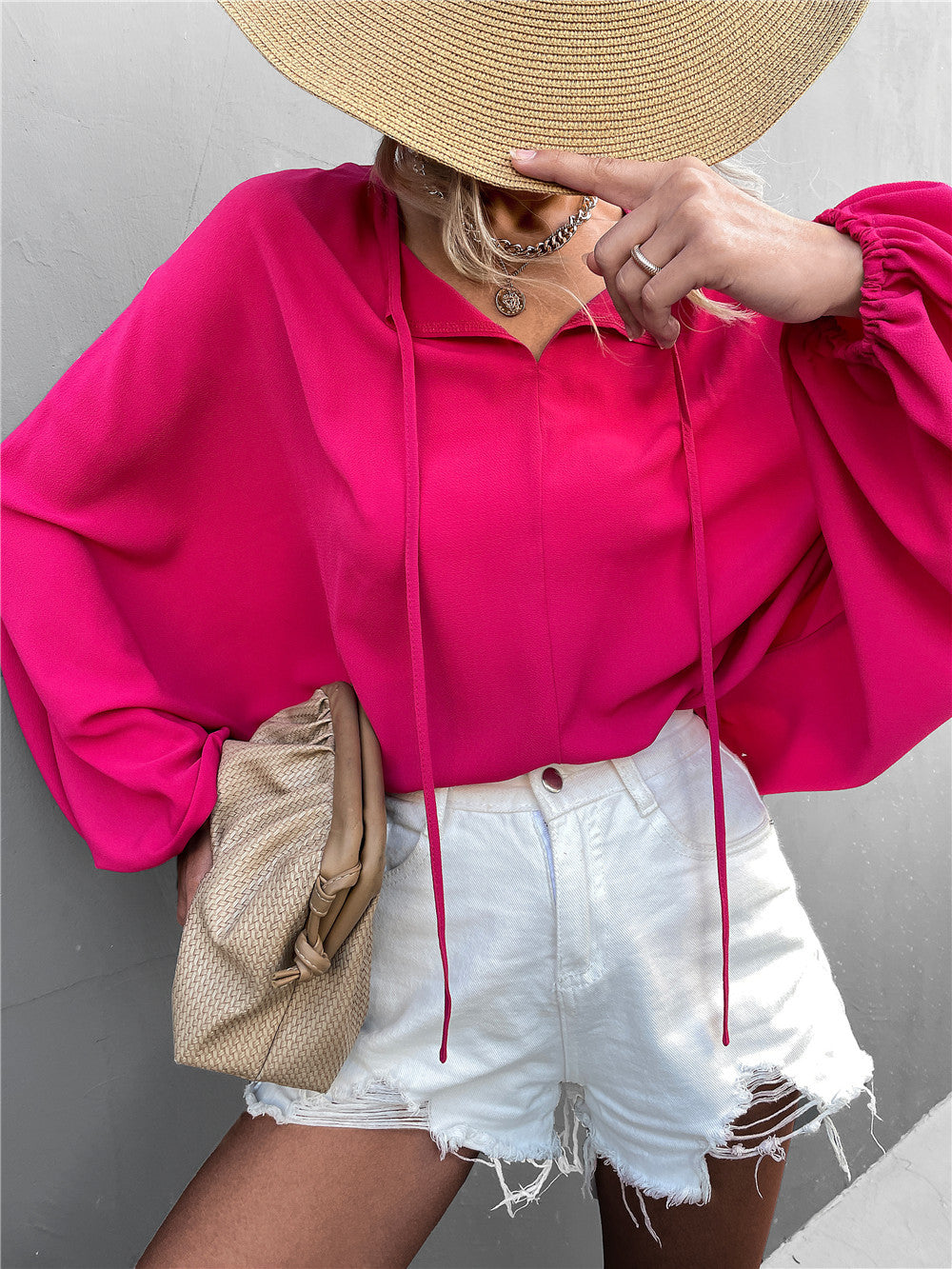 Damen luftiges Blusenshirt mit weiten Ärmeln und modischem Schleifendetail R&B
