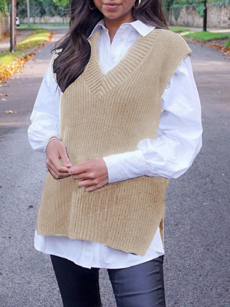Damen Strickweste im modernen Oversized-Schnitt mit V-Ausschnitt R&B