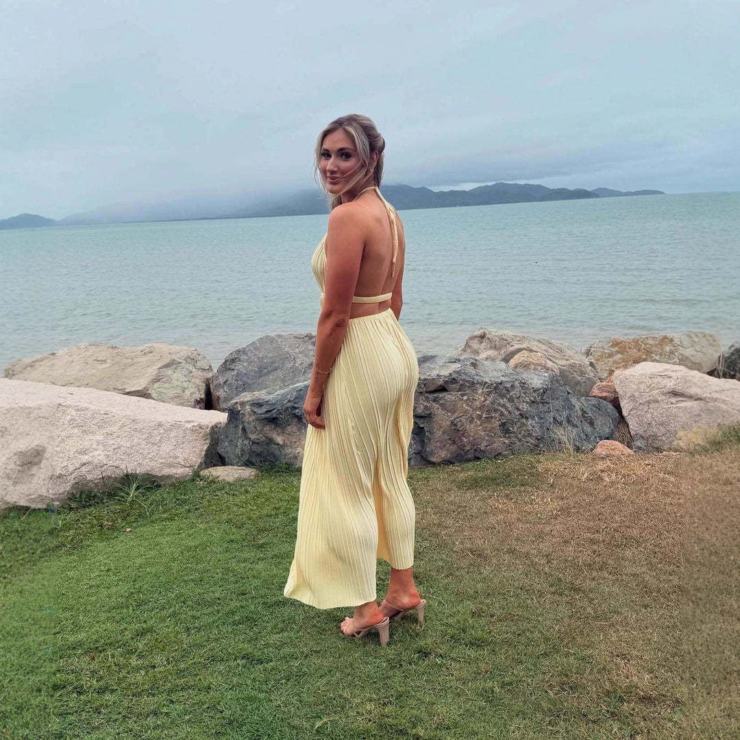 Damen Hochwertiges Plisseekleid mit Häkelkragen und Taillengürtel R&B