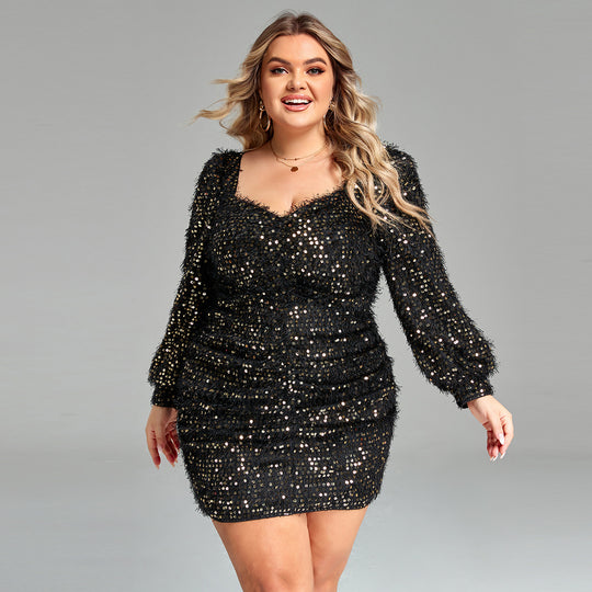 Damen Glitzerndes Mini-Kleid mit Puffärmeln und Raffung R&B
