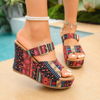Damen Wedge-Sandalen mit modischem Riemendesign und buntem Mustermix R&B