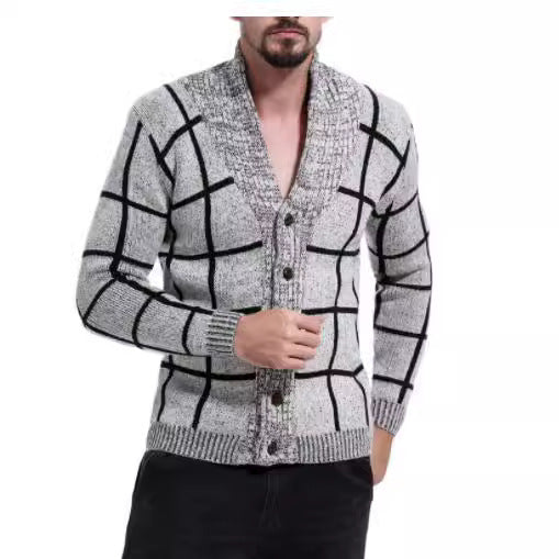 Herren modische Strickjacke mit V-Ausschnitt und modernem Karomuster R&B