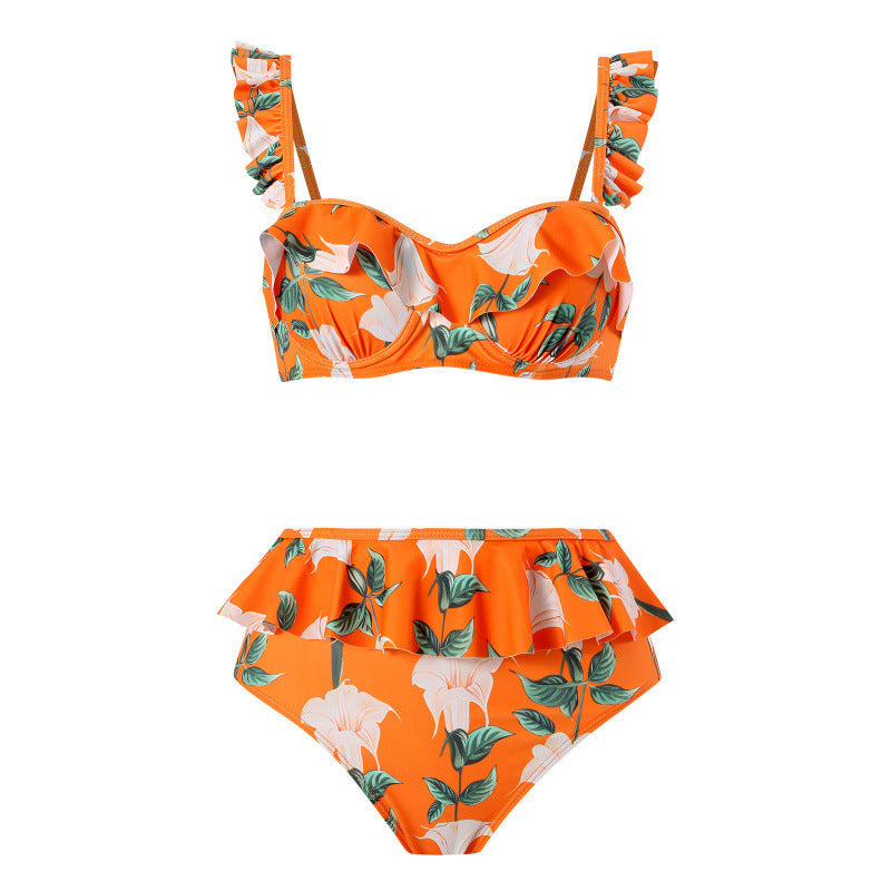 Damen Bikini-Set mit floralem Rüschendesign und elegantem Wickelrock R&B