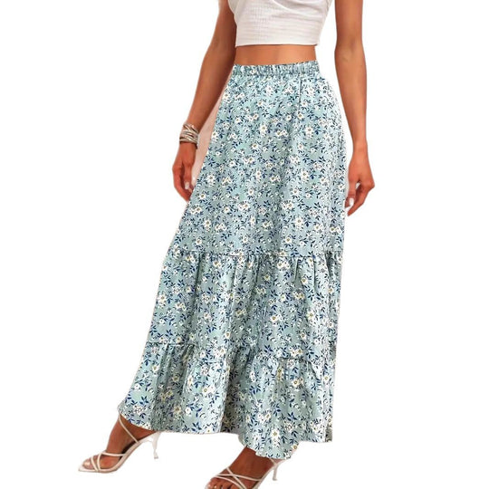Damen Langer Blütenmuster Rock mit hoher Taille und Rüschensaum R&B