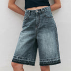 Damen Hoch taillierte Denim-Shorts mit weitem Bein und modischer Struktur R&B