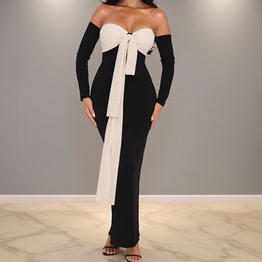 Damen Elegantes Off-Shoulder Maxikleid mit dekorativem Knoten und langen Ärmeln R&B
