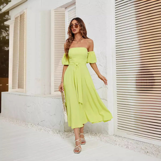 Damen Off-Shoulder Maxikleid mit geknotetem Taillengürtel R&B