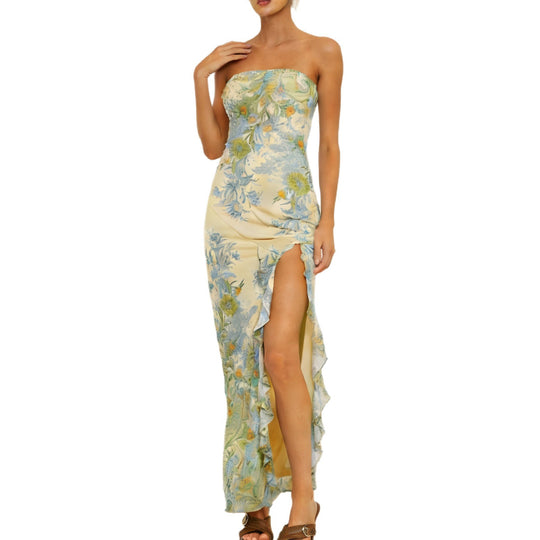 Damen Strapless Maxikleid mit Rüschen und floralem Muster R&B