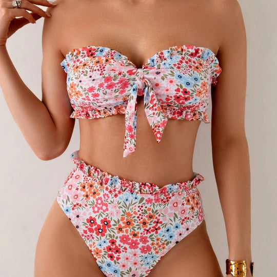 Damen Bikini-Set mit romantischen Rüschendetails und hohem Taillenbund R&B