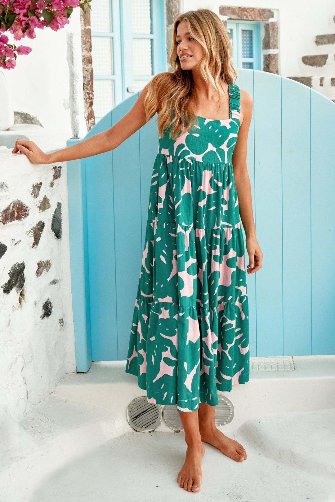 Damen Maxikleid mit elastischen Trägern und fließendem Rock R&B