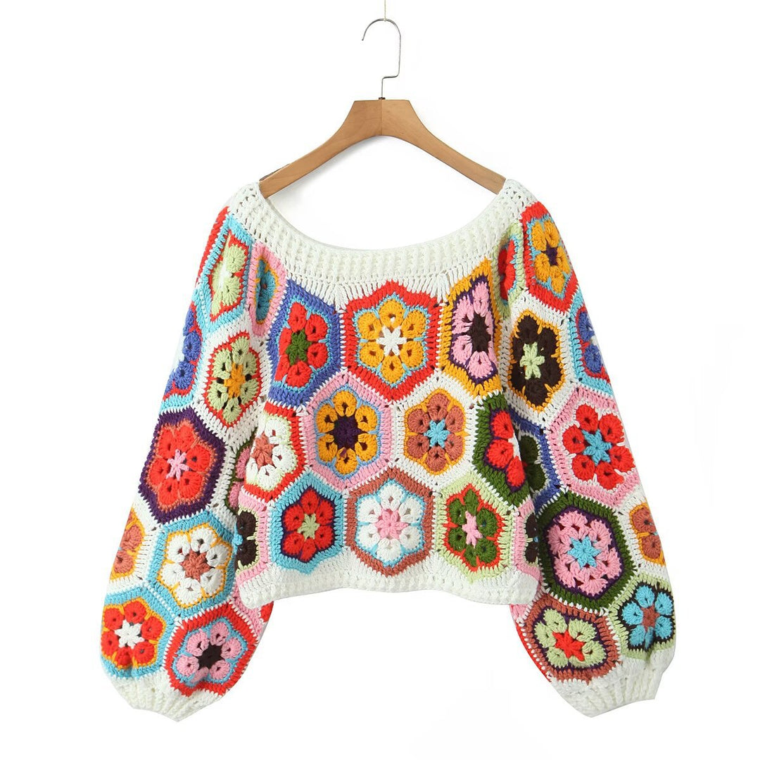 Damen lässiger, handgefertigter Pullover mit floralen Häkelmotiven R&B
