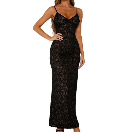 Damen Figurbetontes Spitzen-Maxikleid mit schmalen Spaghetti-Trägern R&B