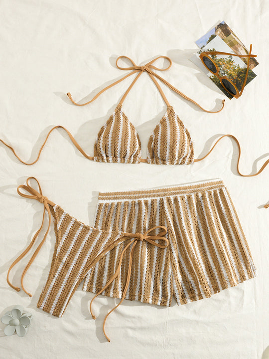 Damen Bikinikombination mit gestreiftem Design und lässigen Shorts R&B