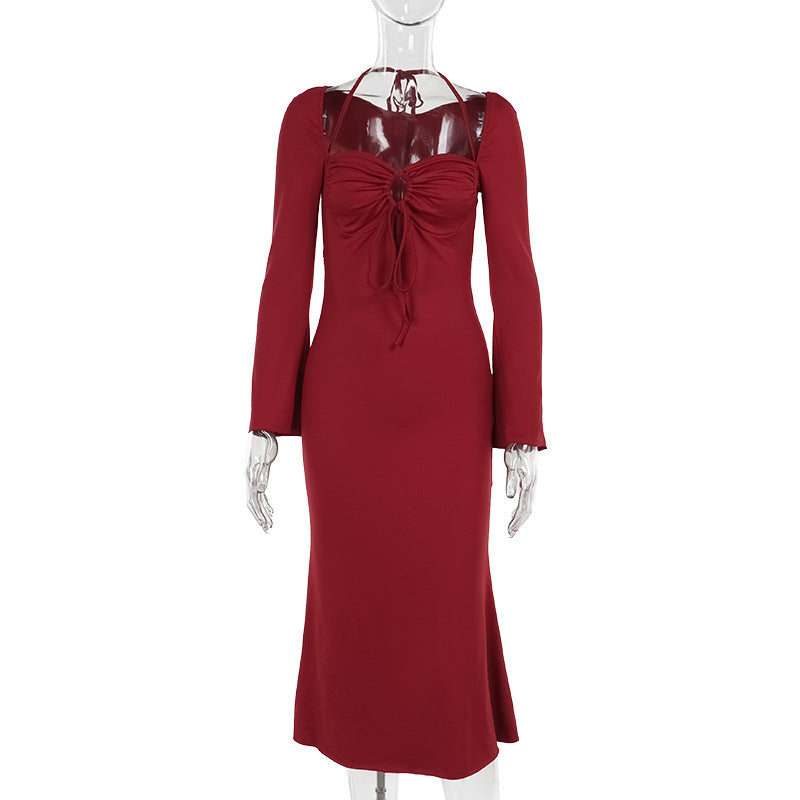 Damen Midi-Kleid mit schickem Rüschendesign und langem Arm R&B
