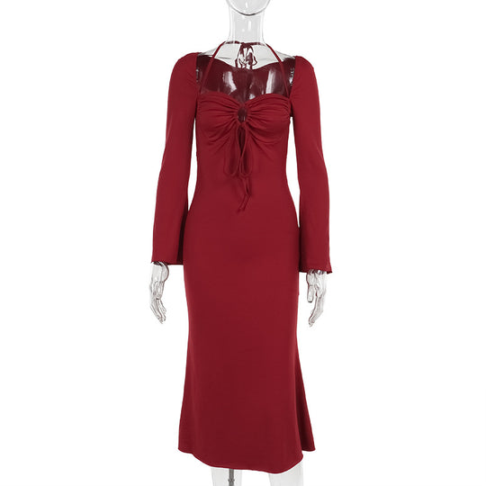 Damen Midi-Kleid mit schickem Rüschendesign und langem Arm R&B