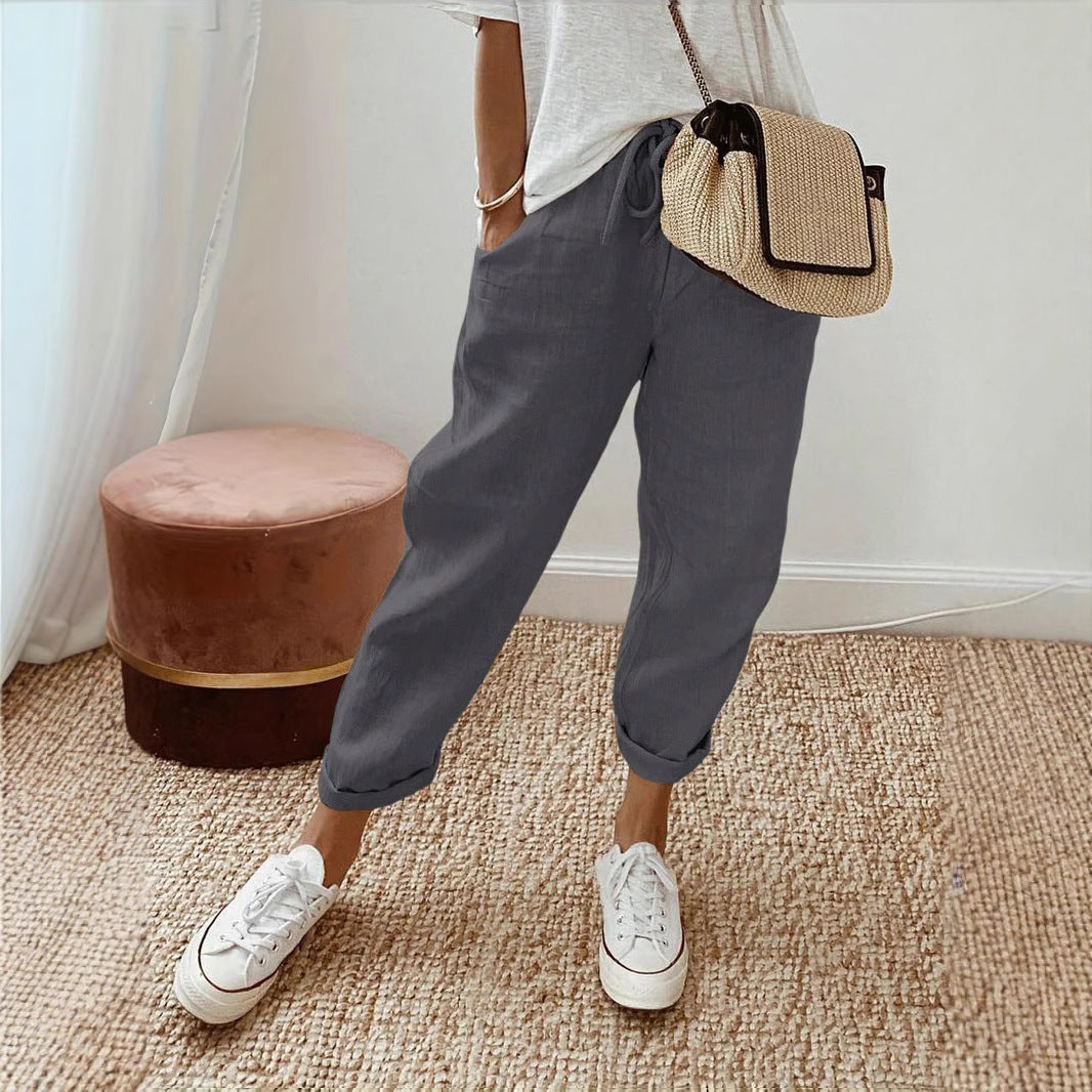Damen Lässige Leinen-Hose mit elastischem Bund und praktischen Taschen R&B