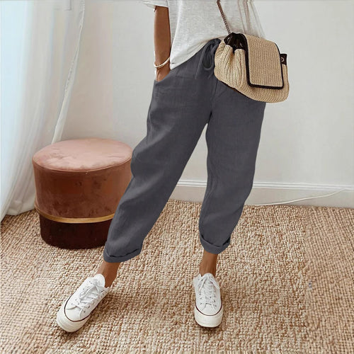 Damen Lässige Leinen-Hose mit elastischem Bund und praktischen Taschen R&B