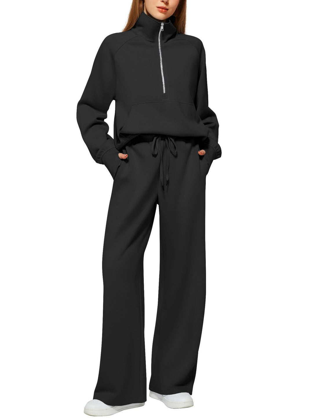 Damen Freizeit Sweatpants-Anzug mit hohem Kragen und Kängurutasche R&B