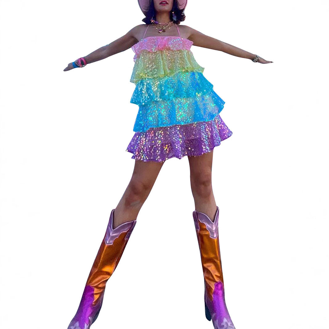 Damen luftiges Sommerkleid mit buntem Paillettenmuster R&B