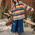 Damen Großer Strickpullover mit Fransen und buntem Streifenmuster