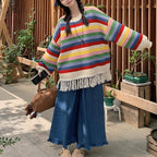 Damen Großer Strickpullover mit Fransen und buntem Streifenmuster