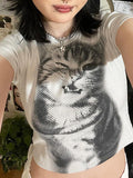 Damen Crop-T-Shirt mit kreativem Katzenmotiv R&B