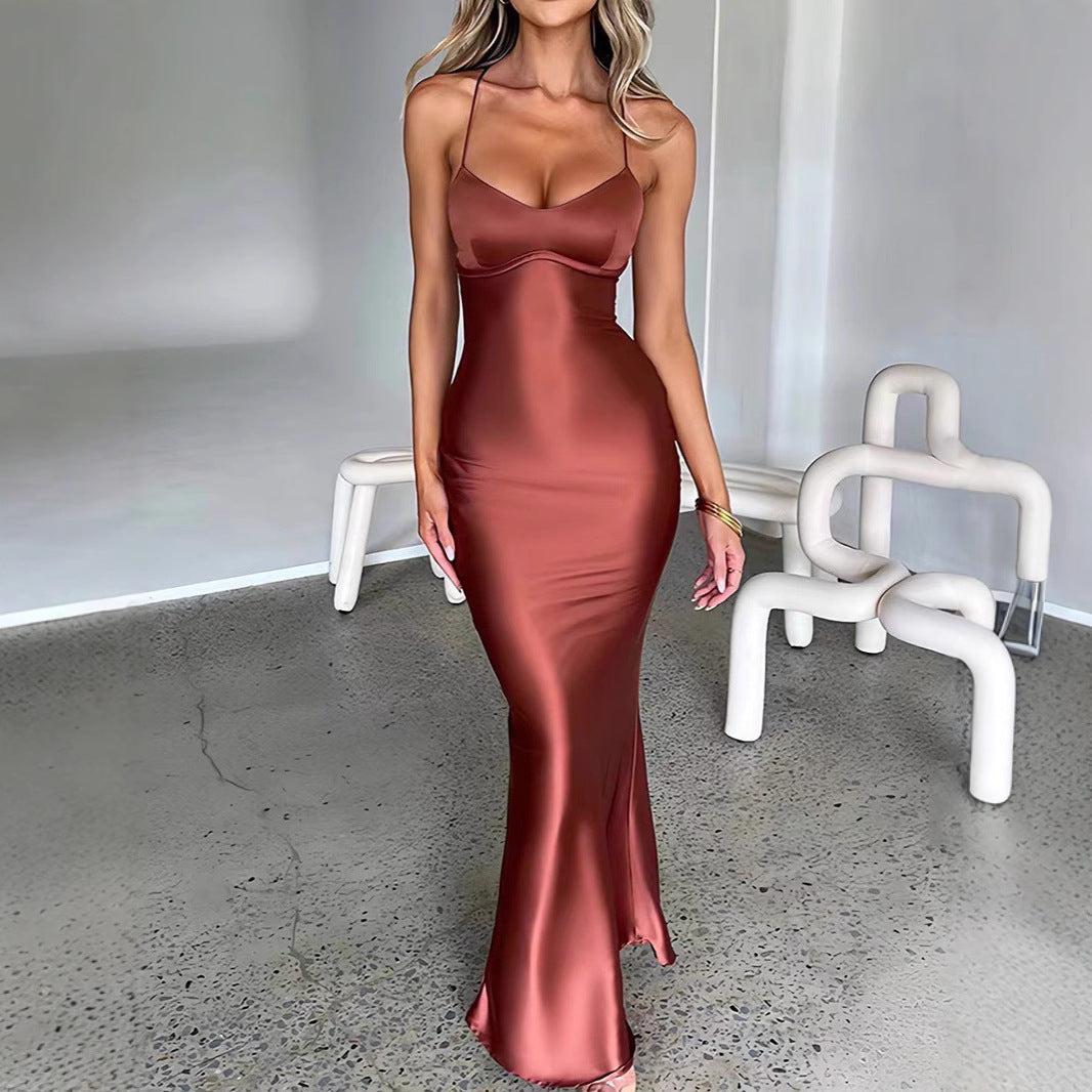 Damen Glamouröses Langarm-Maxi-Kleid mit verstellbaren Trägern und figurbetontem Schnitt R&B